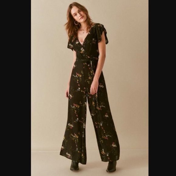 Urban Outfitters Pants - UO Marie Prairie Wrap Jumpsuit Black Floral Pants